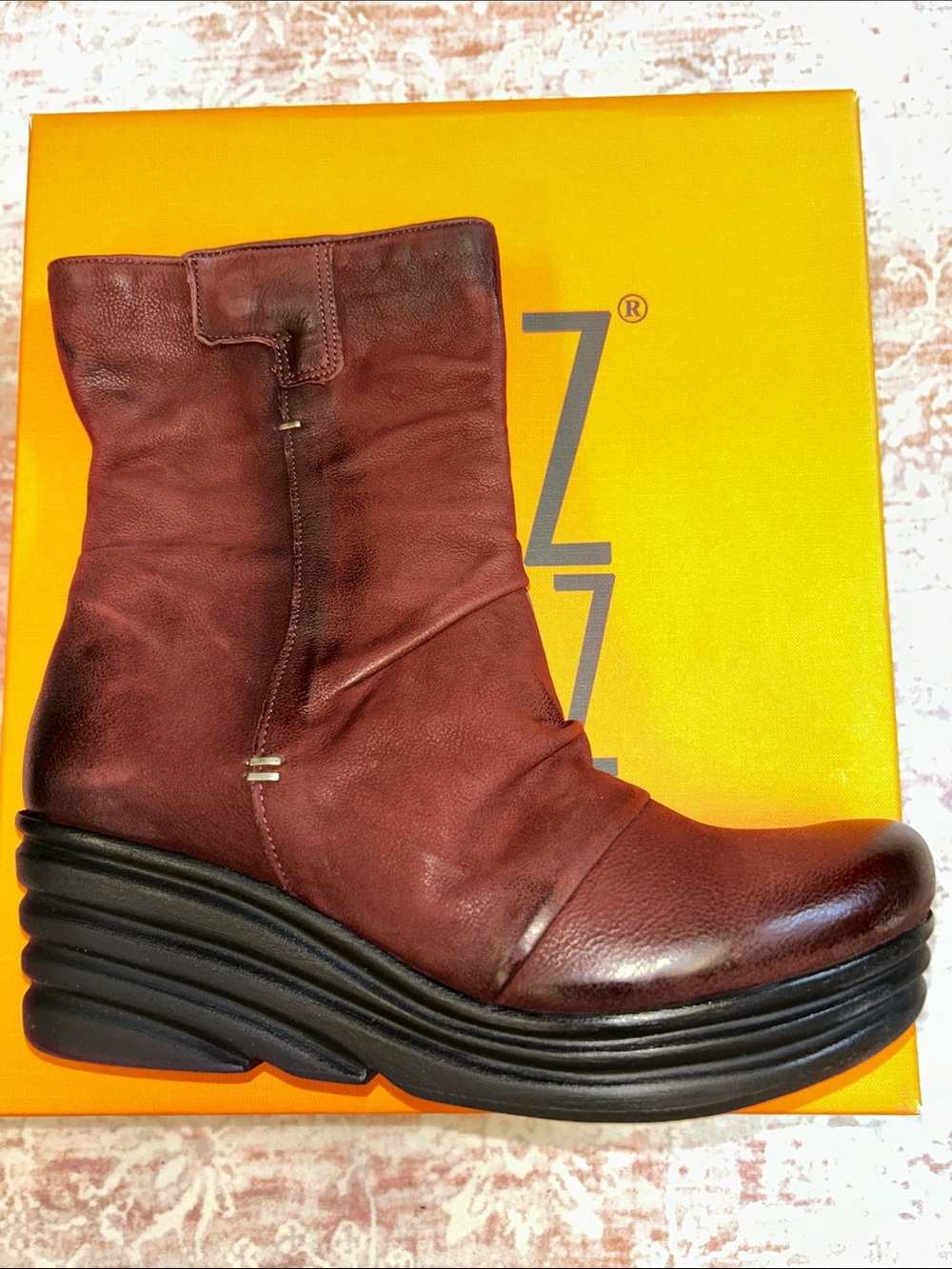 NIB Miz Mooz Wine Red Leather Wedge Ankle Boot